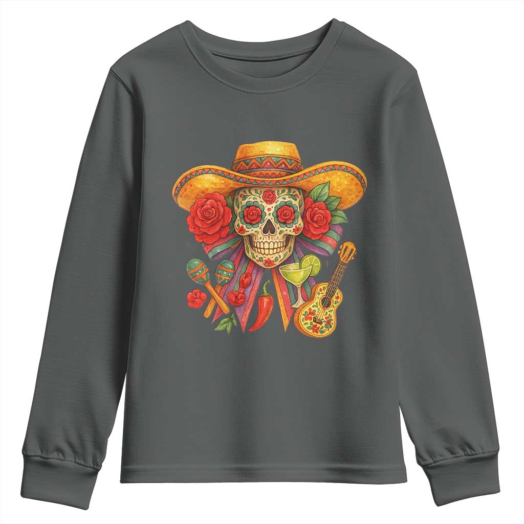 Funny Cinco De Mayo Sugar Skull Sombrero Hat Bow Youth Sweatshirt