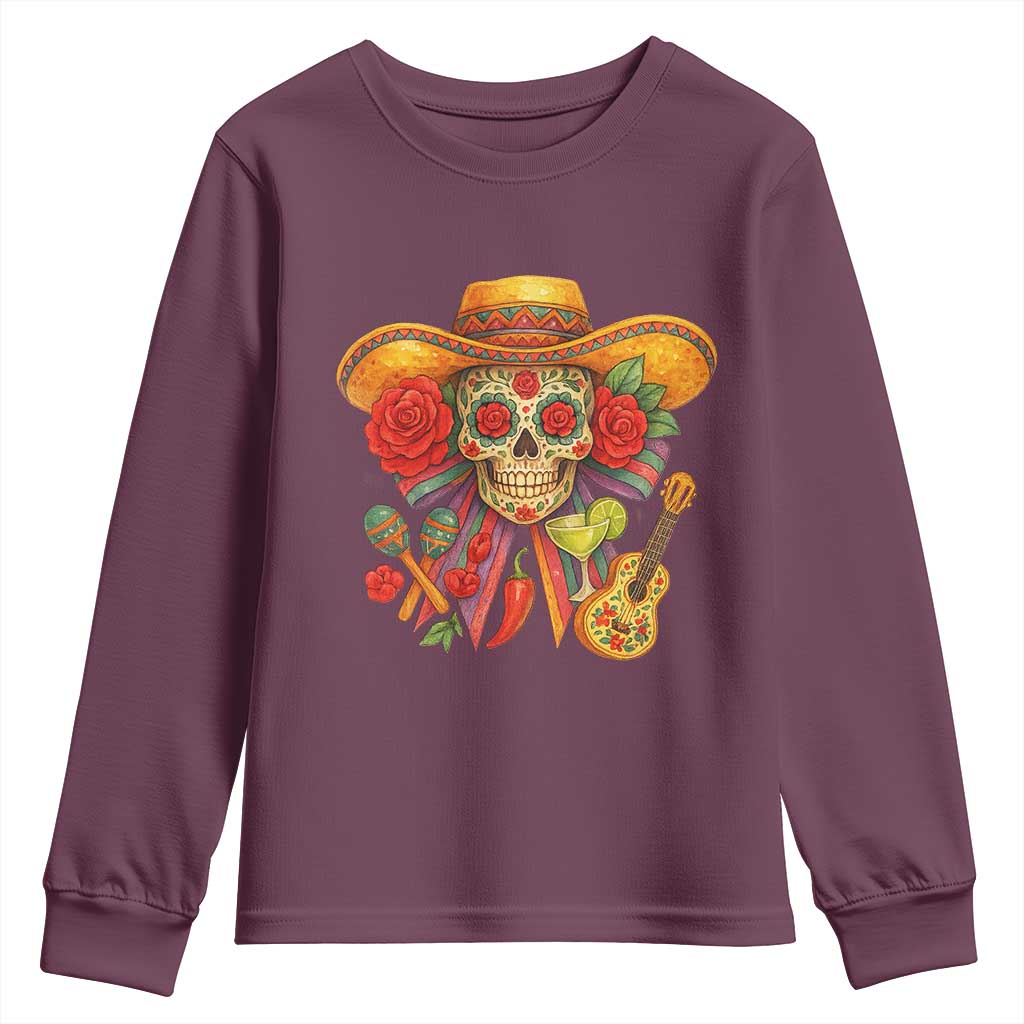 Funny Cinco De Mayo Sugar Skull Sombrero Hat Bow Youth Sweatshirt