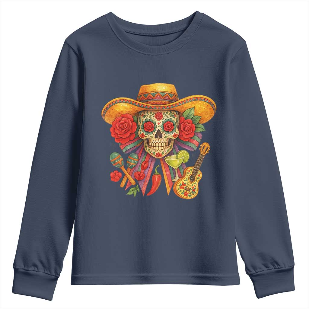 Funny Cinco De Mayo Sugar Skull Sombrero Hat Bow Youth Sweatshirt