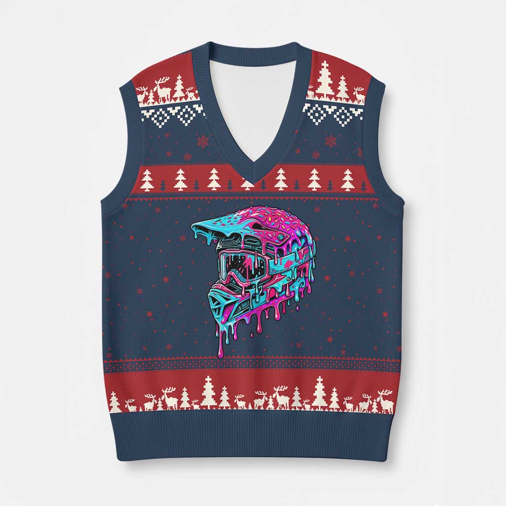 Motocross Helmet Drip Ice Cream Melt Graphic Dirt Bike Racing V-Neck Knit Sweater Vest