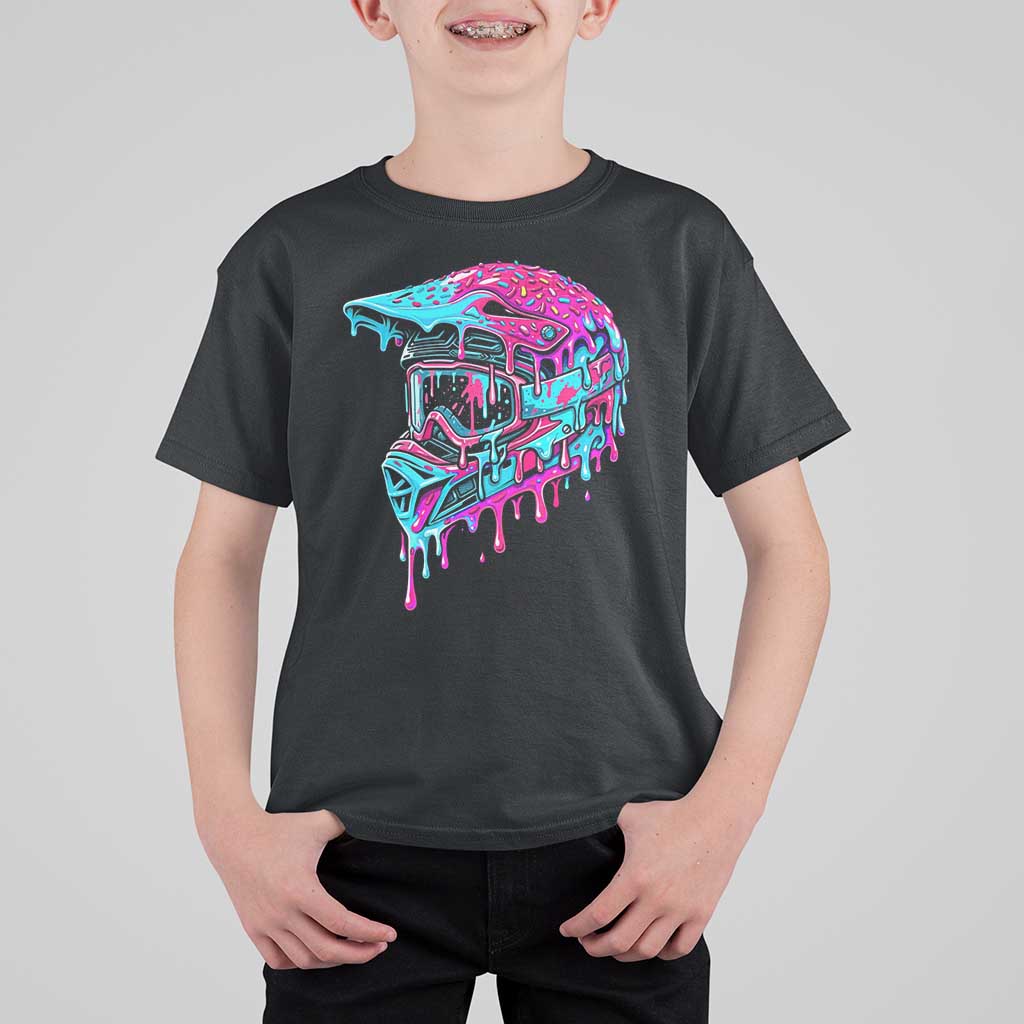 Motocross Helmet Drip Ice Cream Melt Graphic Dirt Bike Racing T Shirt For Kid