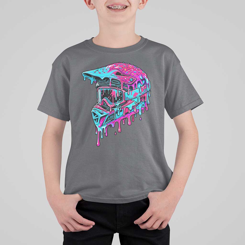 Motocross Helmet Drip Ice Cream Melt Graphic Dirt Bike Racing T Shirt For Kid