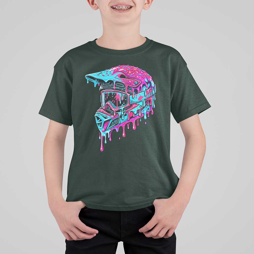 Motocross Helmet Drip Ice Cream Melt Graphic Dirt Bike Racing T Shirt For Kid