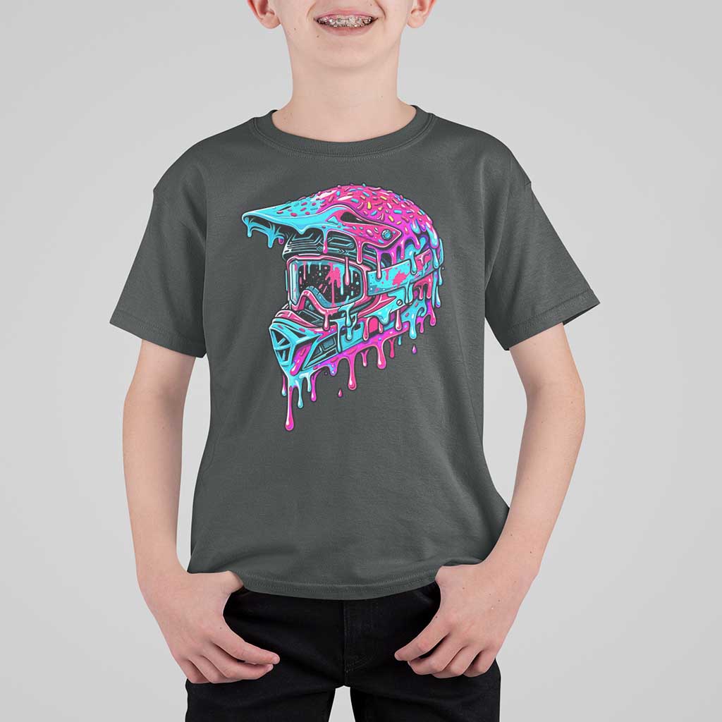 Motocross Helmet Drip Ice Cream Melt Graphic Dirt Bike Racing T Shirt For Kid