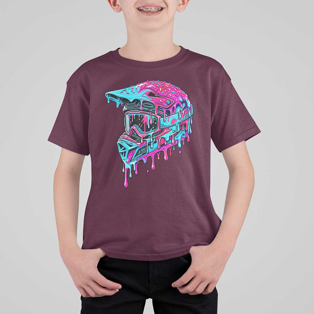Motocross Helmet Drip Ice Cream Melt Graphic Dirt Bike Racing T Shirt For Kid