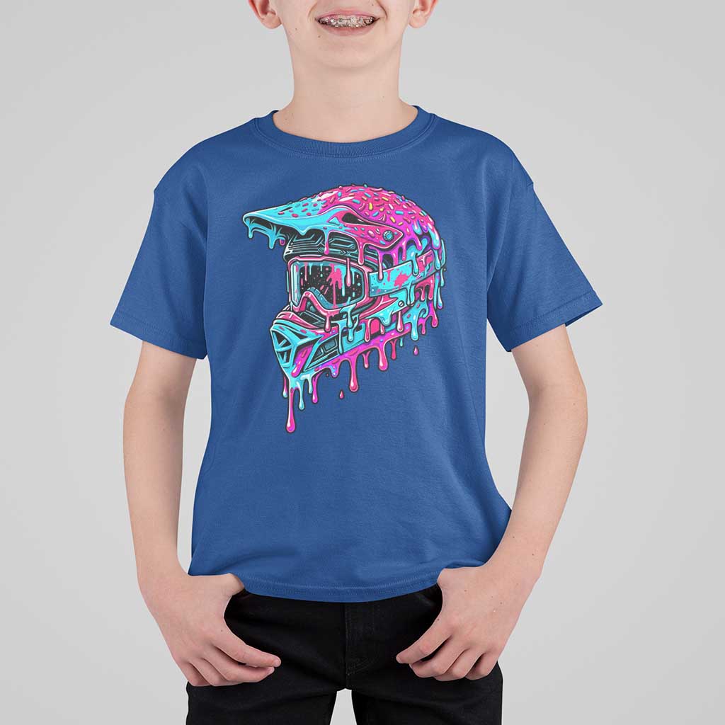 Motocross Helmet Drip Ice Cream Melt Graphic Dirt Bike Racing T Shirt For Kid
