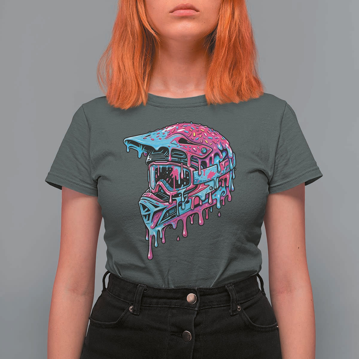 Motocross Helmet Drip Ice Cream Melt Graphic Dirt Bike Racing T Shirt For Women