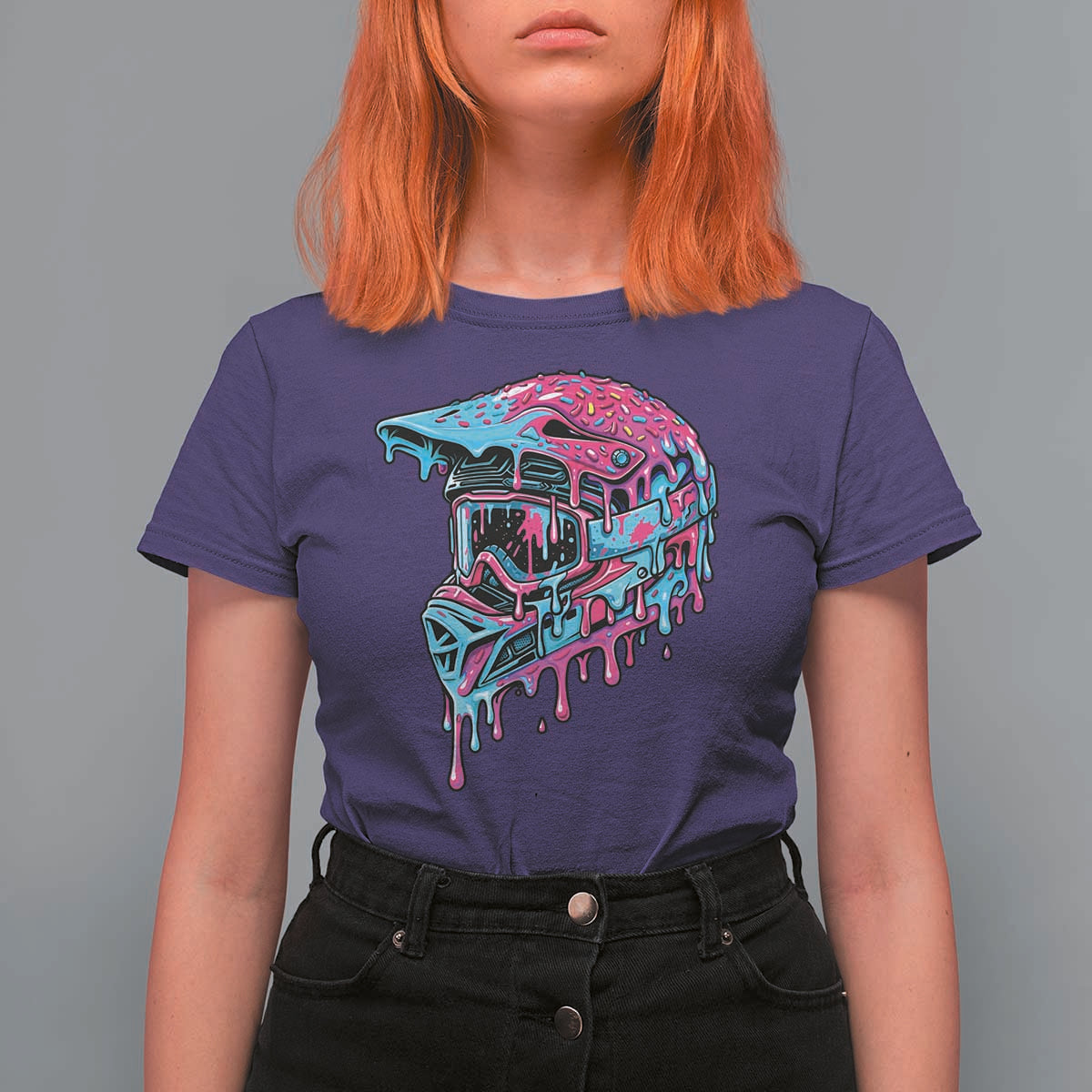 Motocross Helmet Drip Ice Cream Melt Graphic Dirt Bike Racing T Shirt For Women