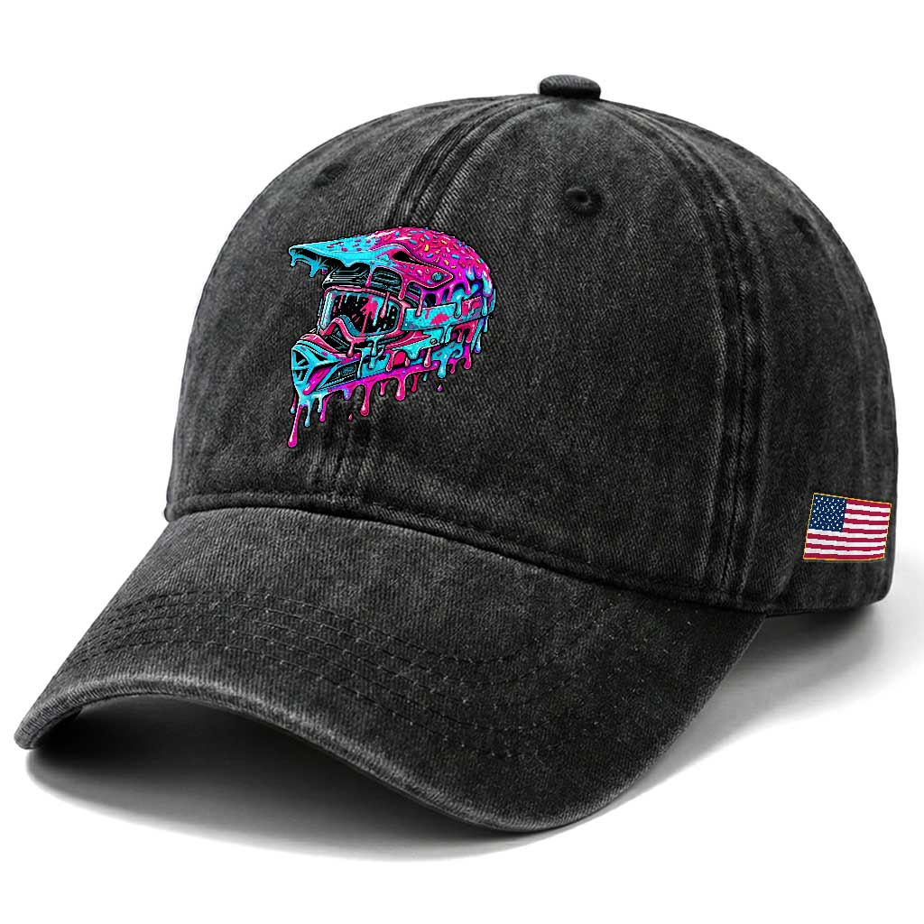 Motocross Helmet Drip Ice Cream Melt Graphic Dirt Bike Racing Washed Cotton Baseball Cap