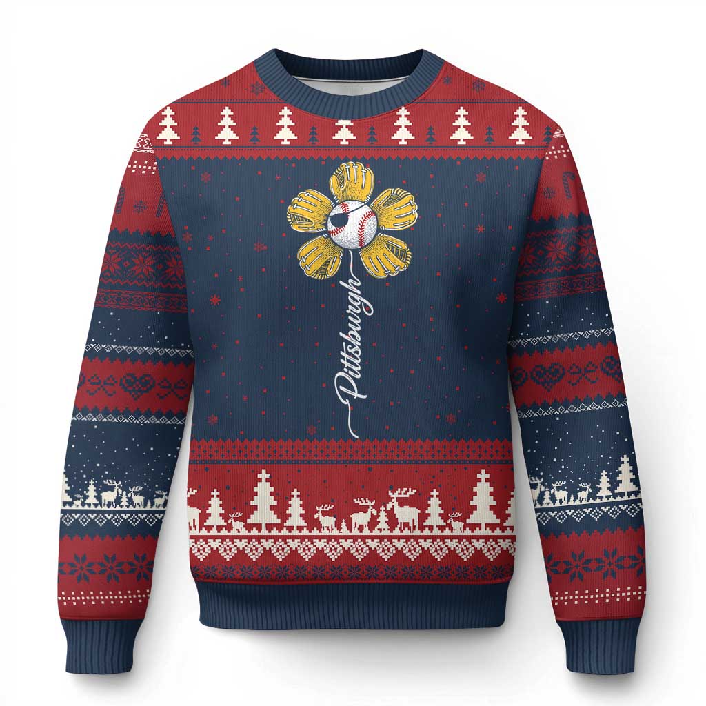 Pittsburgh Sport Retro Baseball Flower Ugly Christmas Sweater Funny Game Day