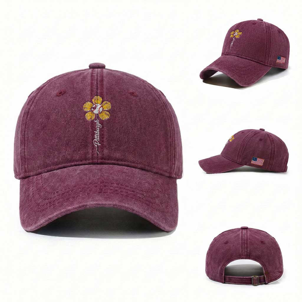 Pittsburgh Sport Retro Baseball Flower Washed Cotton Baseball Cap Funny Game Day