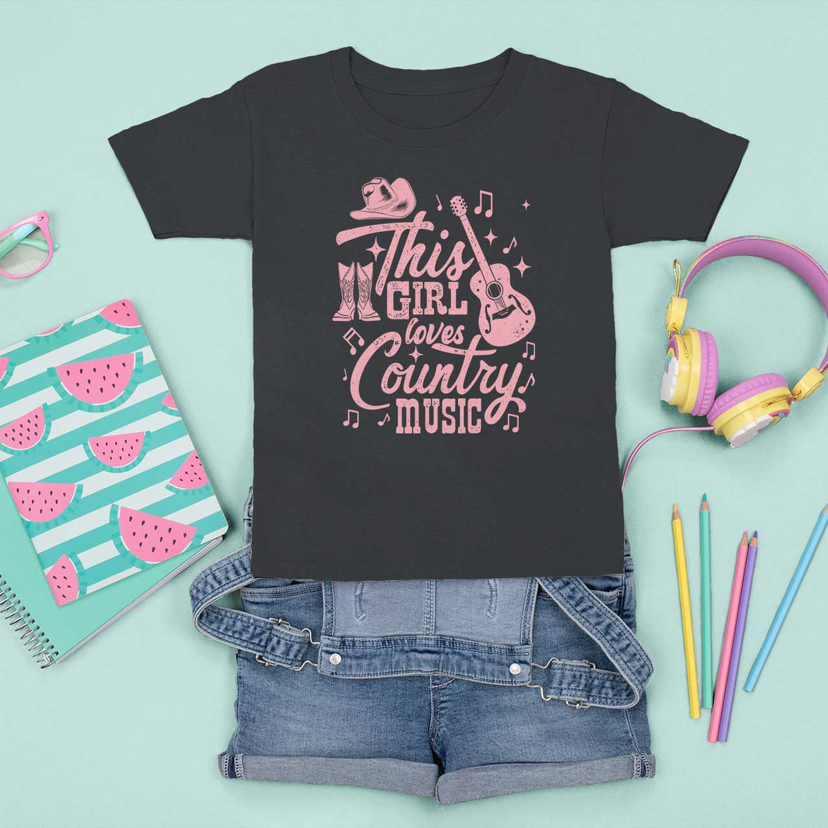 This Girl Loves Country Music T Shirt For Kid Cowgirl Hat Pink Boots - Wonder Print Shop