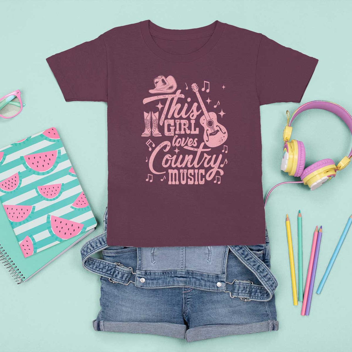 This Girl Loves Country Music T Shirt For Kid Cowgirl Hat Pink Boots - Wonder Print Shop