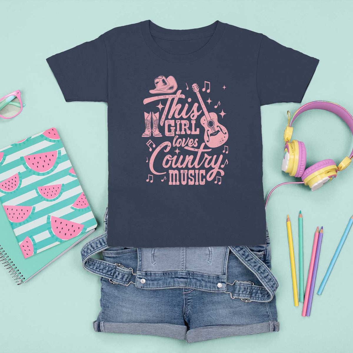 This Girl Loves Country Music T Shirt For Kid Cowgirl Hat Pink Boots - Wonder Print Shop