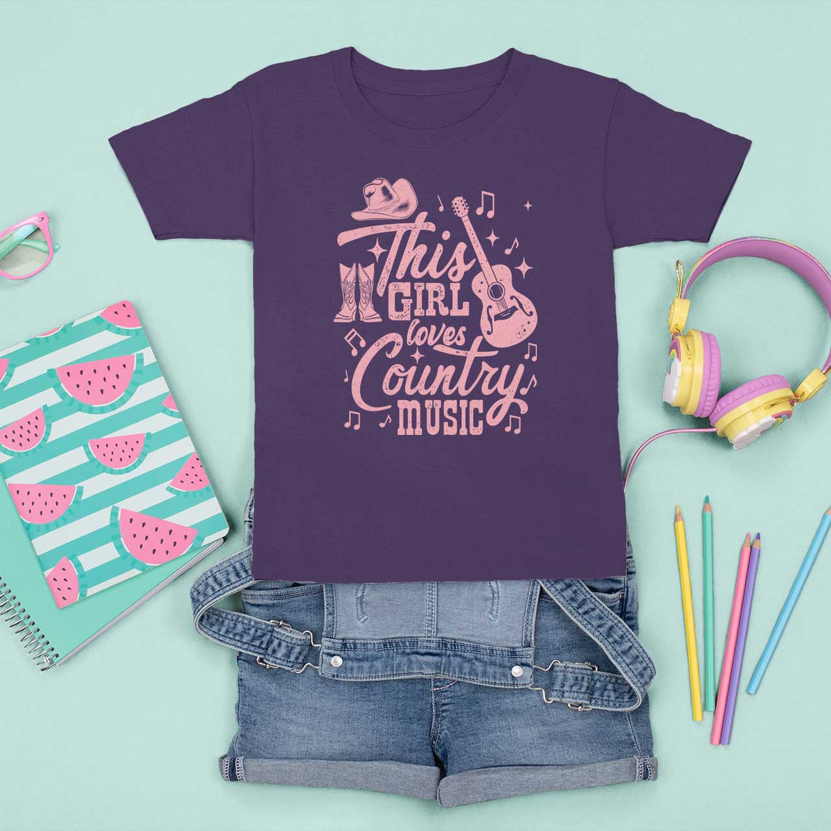 This Girl Loves Country Music T Shirt For Kid Cowgirl Hat Pink Boots - Wonder Print Shop