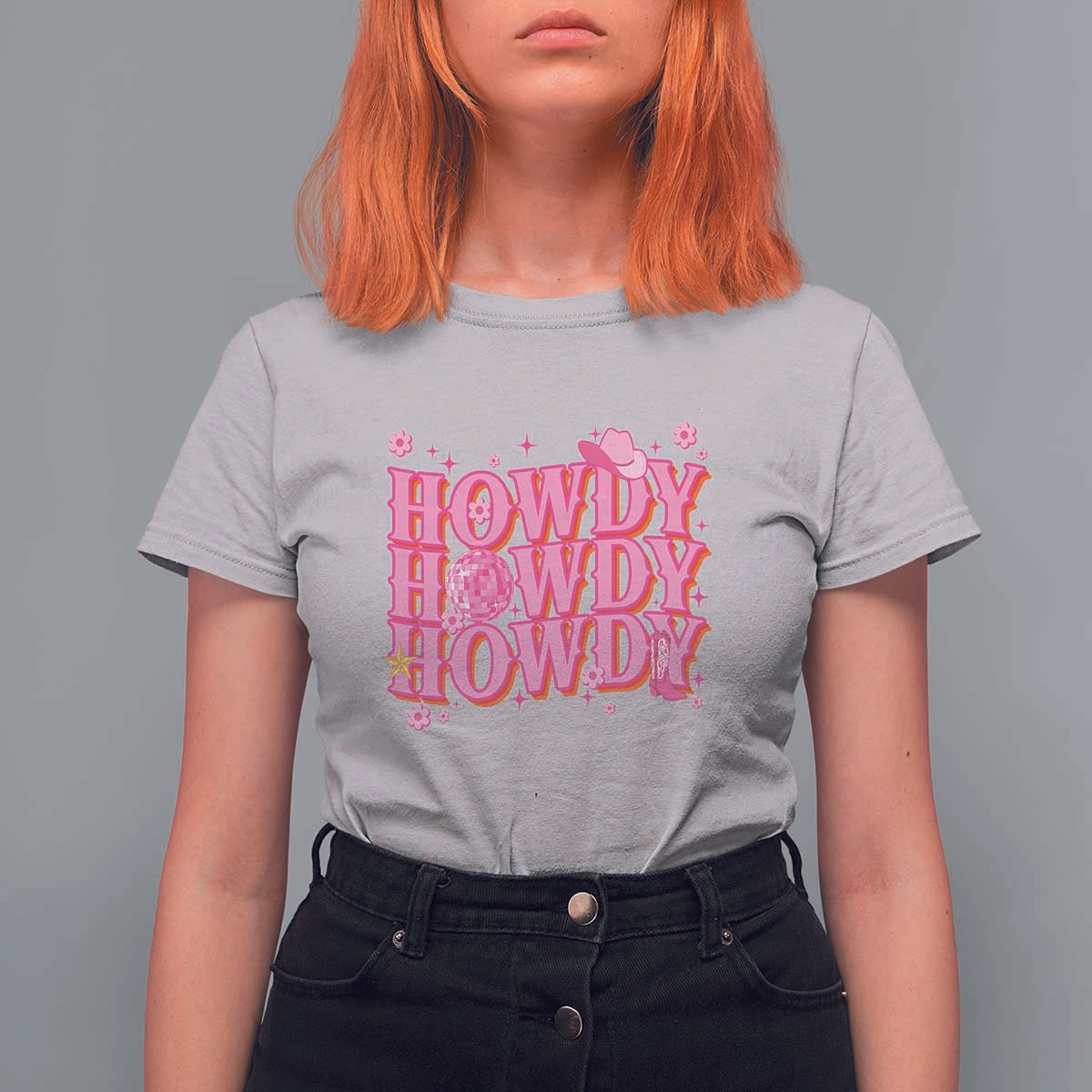 Funny Cowboy T Shirt For Women Howdy Western Country Pink Retro Disco Ball - Wonder Print Shop