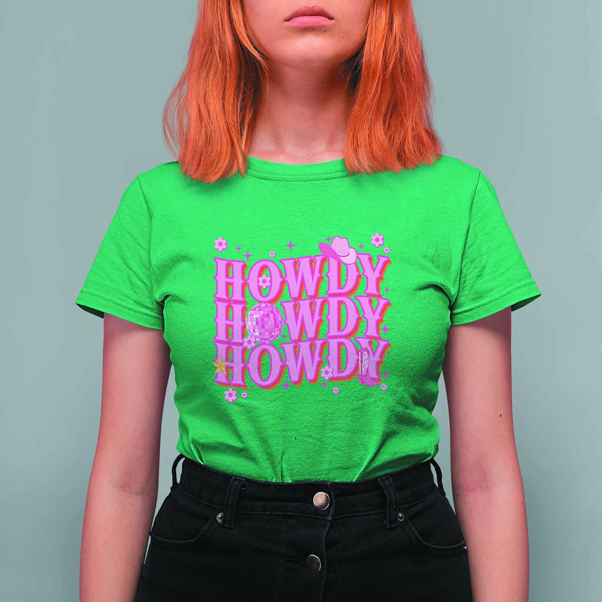 Funny Cowboy T Shirt For Women Howdy Western Country Pink Retro Disco Ball - Wonder Print Shop