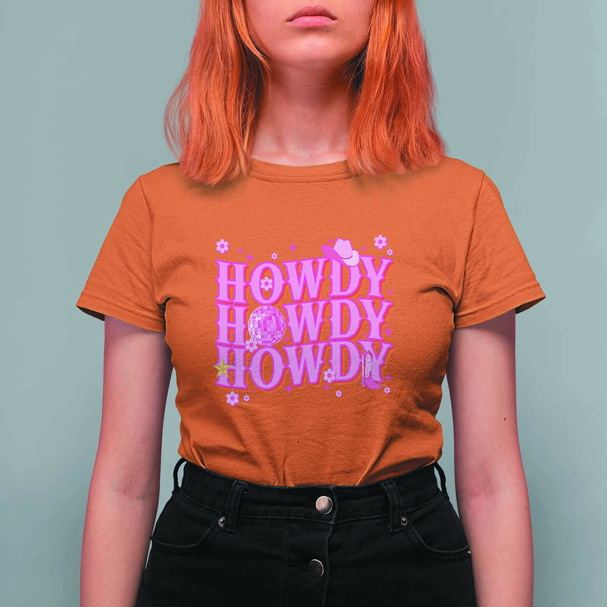 Funny Cowboy T Shirt For Women Howdy Western Country Pink Retro Disco Ball - Wonder Print Shop