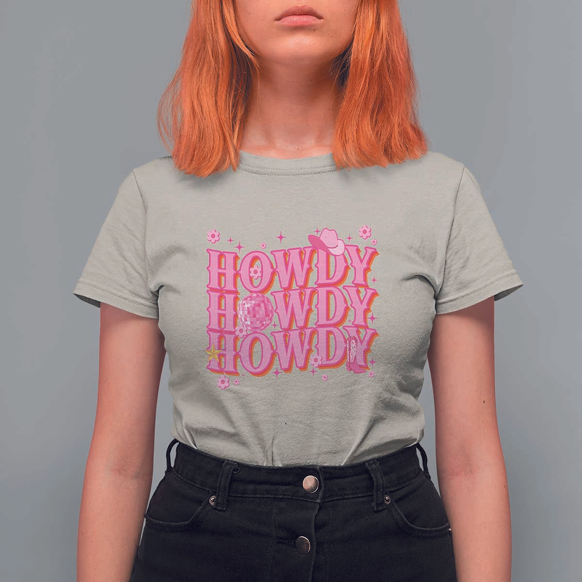 Funny Cowboy T Shirt For Women Howdy Western Country Pink Retro Disco Ball - Wonder Print Shop