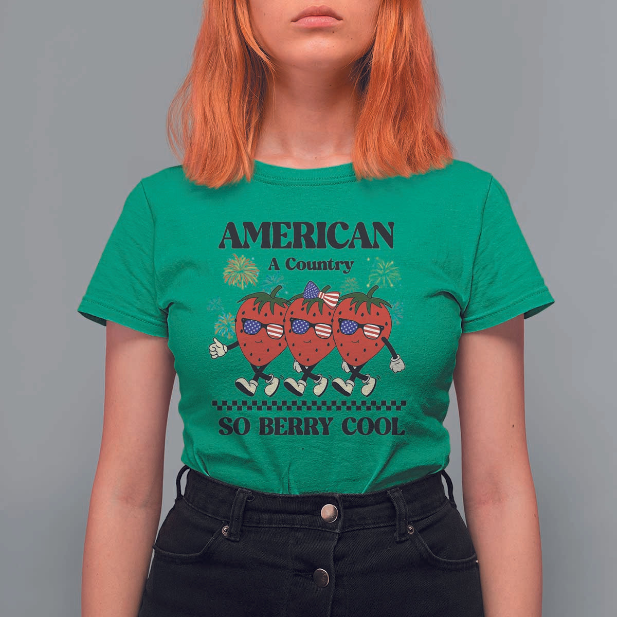 American A Coutry So Berry Cool T Shirt For Women Retro Groovy Strawberry Season 4th Of July - Wonder Print Shop