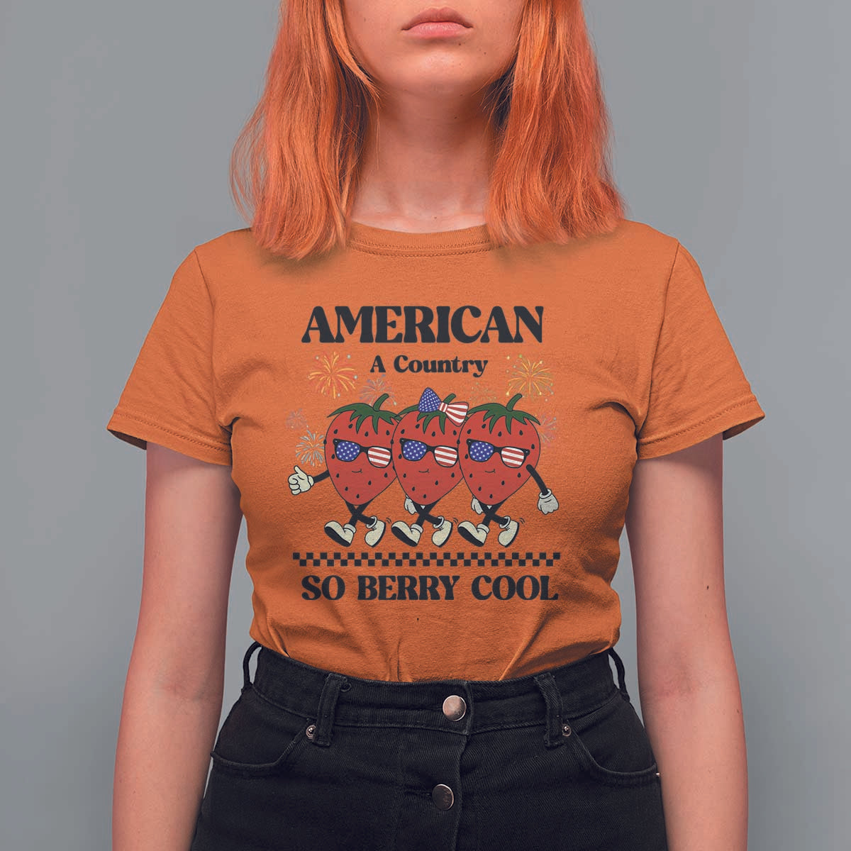 American A Coutry So Berry Cool T Shirt For Women Retro Groovy Strawberry Season 4th Of July - Wonder Print Shop