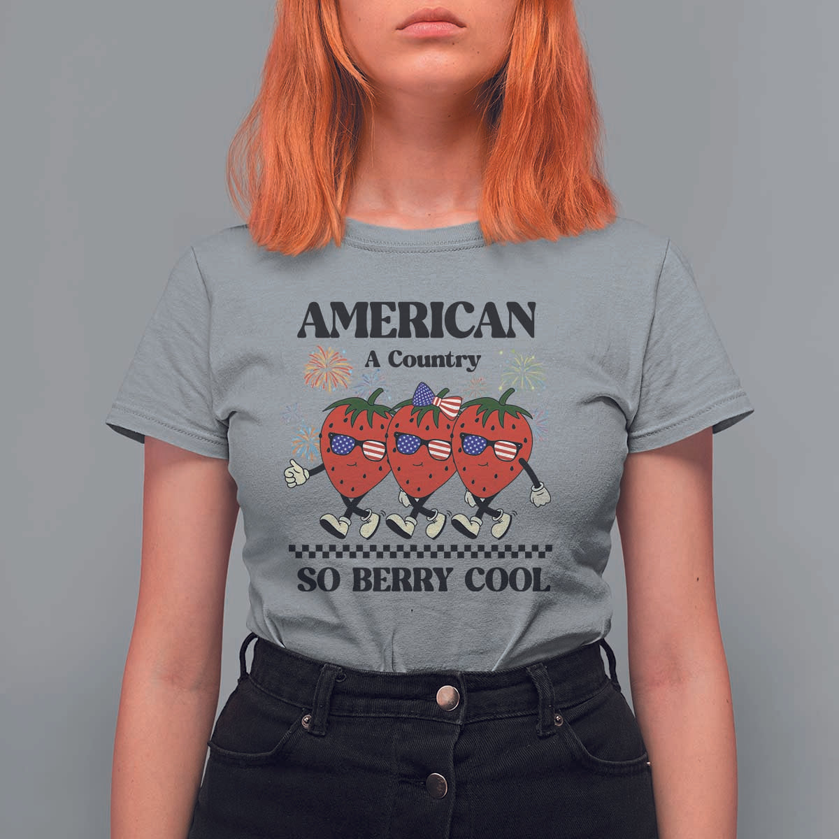 American A Coutry So Berry Cool T Shirt For Women Retro Groovy Strawberry Season 4th Of July - Wonder Print Shop