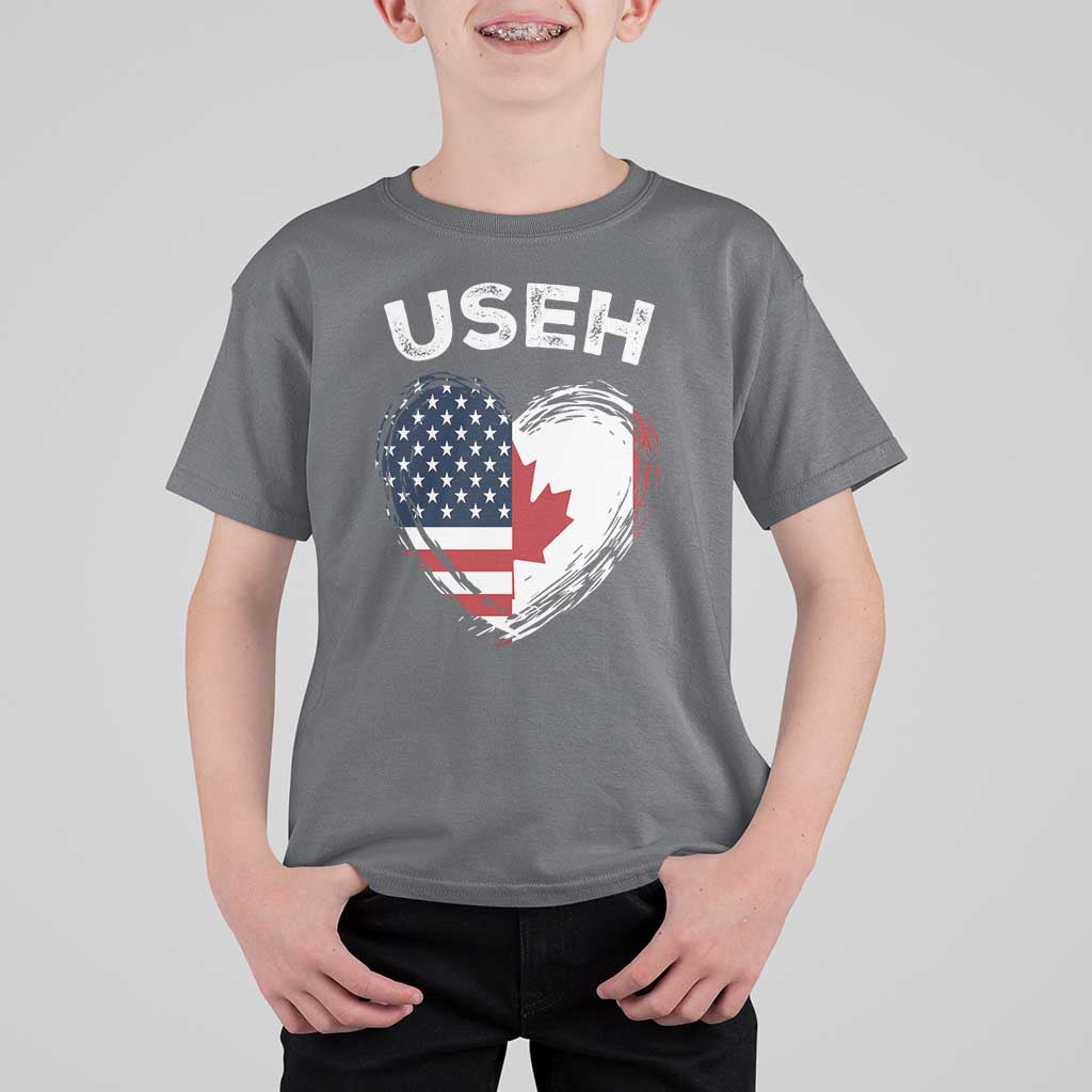 Funny USEH T Shirt For Kid Half Canadian American Flag Big Love Heart - Wonder Print Shop