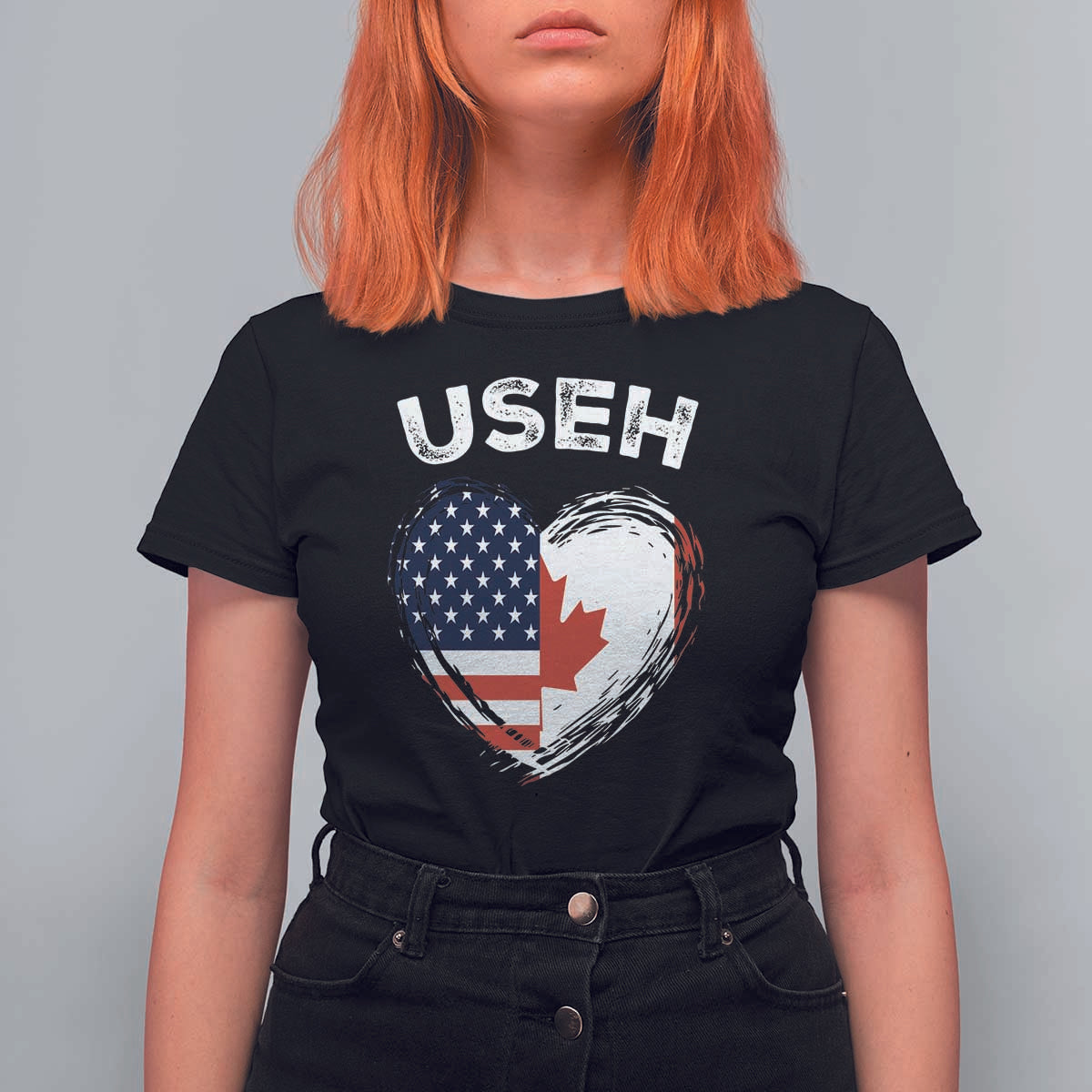 Funny USEH T Shirt For Women Half Canadian American Flag Big Love Heart - Wonder Print Shop
