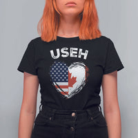 Funny USEH T Shirt For Women Half Canadian American Flag Big Love Heart - Wonder Print Shop