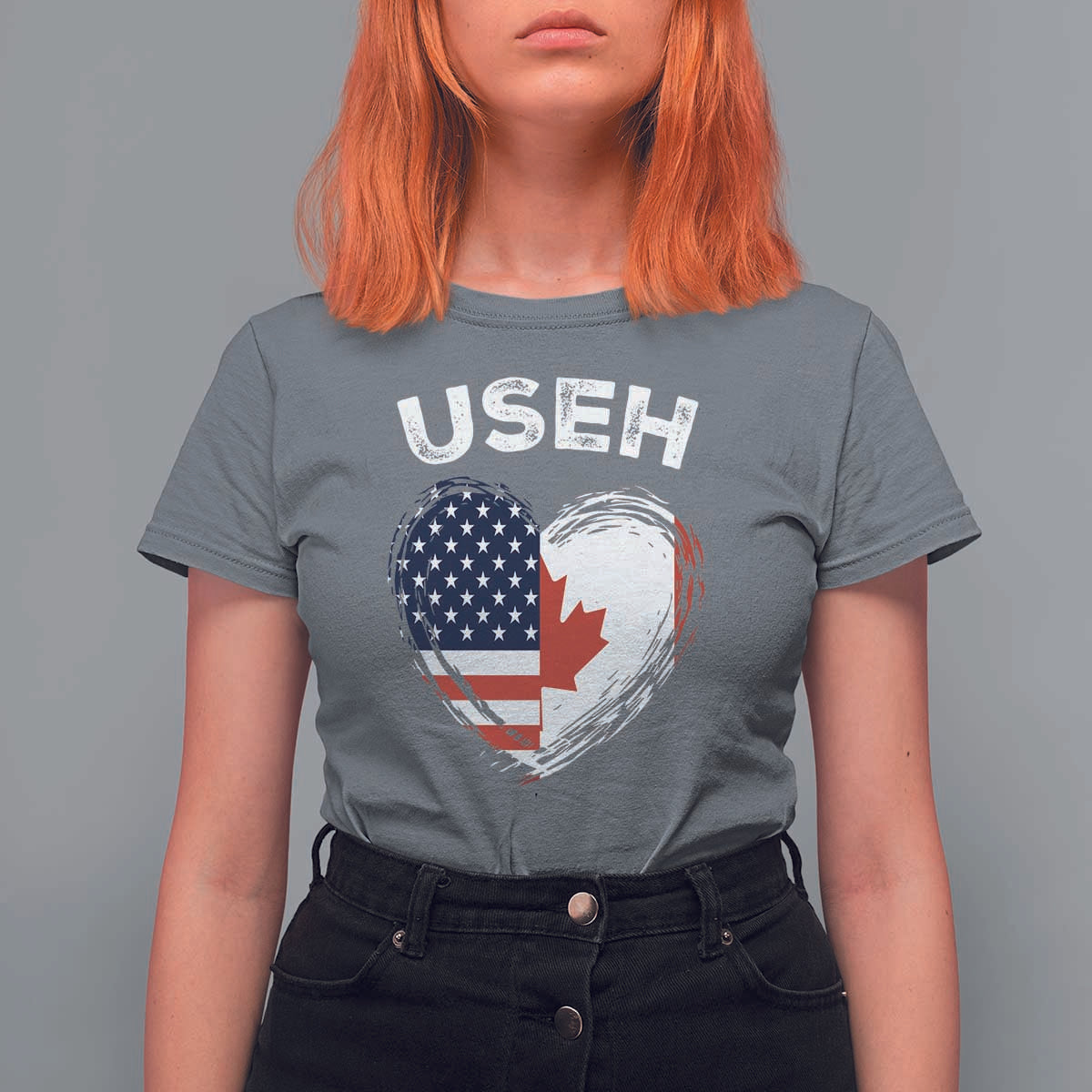 Funny USEH T Shirt For Women Half Canadian American Flag Big Love Heart - Wonder Print Shop