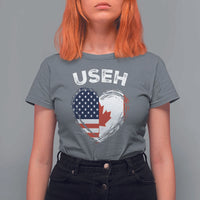 Funny USEH T Shirt For Women Half Canadian American Flag Big Love Heart - Wonder Print Shop