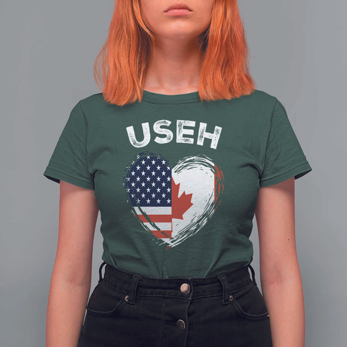 Funny USEH T Shirt For Women Half Canadian American Flag Big Love Heart - Wonder Print Shop