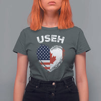 Funny USEH T Shirt For Women Half Canadian American Flag Big Love Heart - Wonder Print Shop