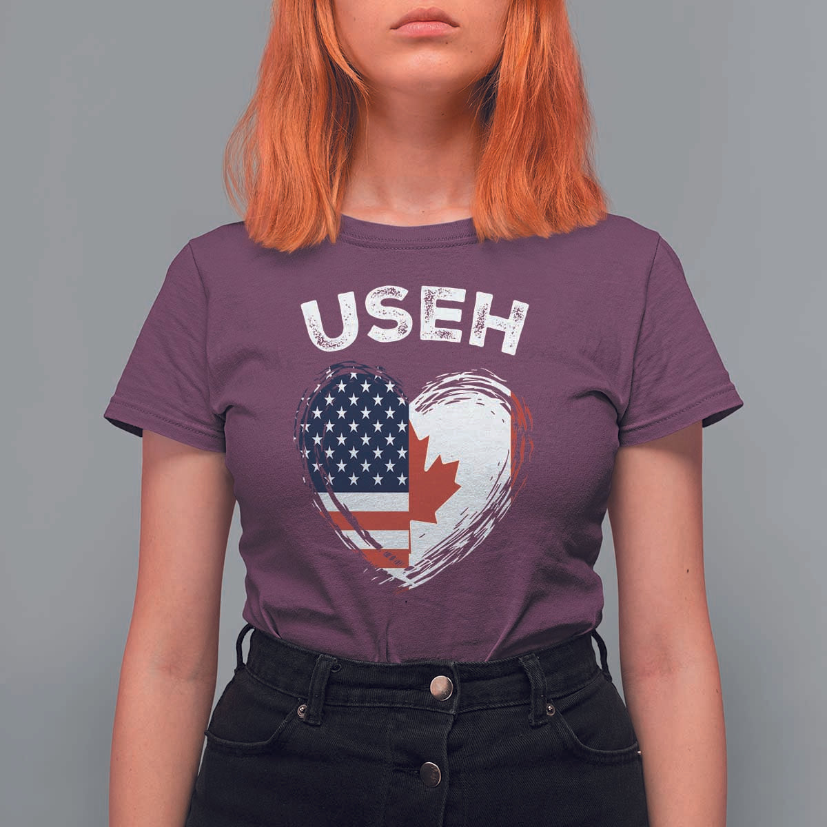 Funny USEH T Shirt For Women Half Canadian American Flag Big Love Heart - Wonder Print Shop