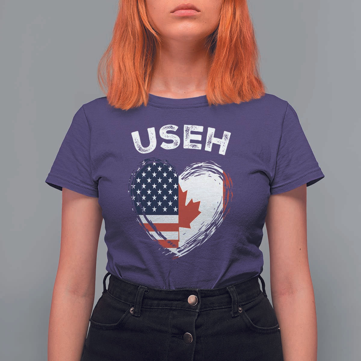 Funny USEH T Shirt For Women Half Canadian American Flag Big Love Heart - Wonder Print Shop