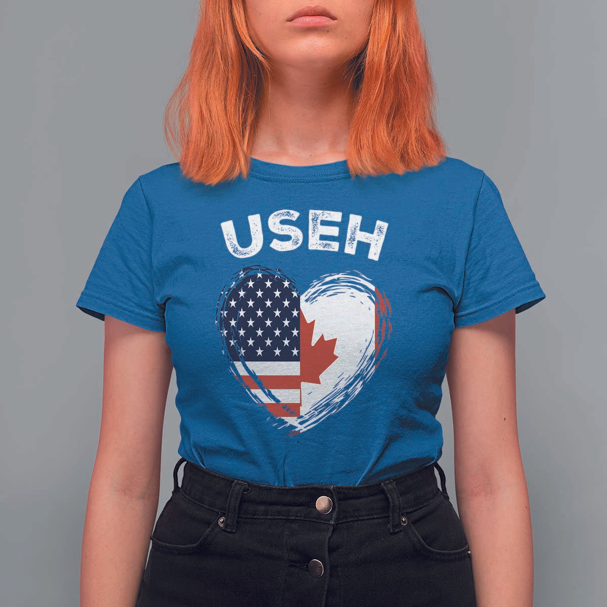 Funny USEH T Shirt For Women Half Canadian American Flag Big Love Heart - Wonder Print Shop