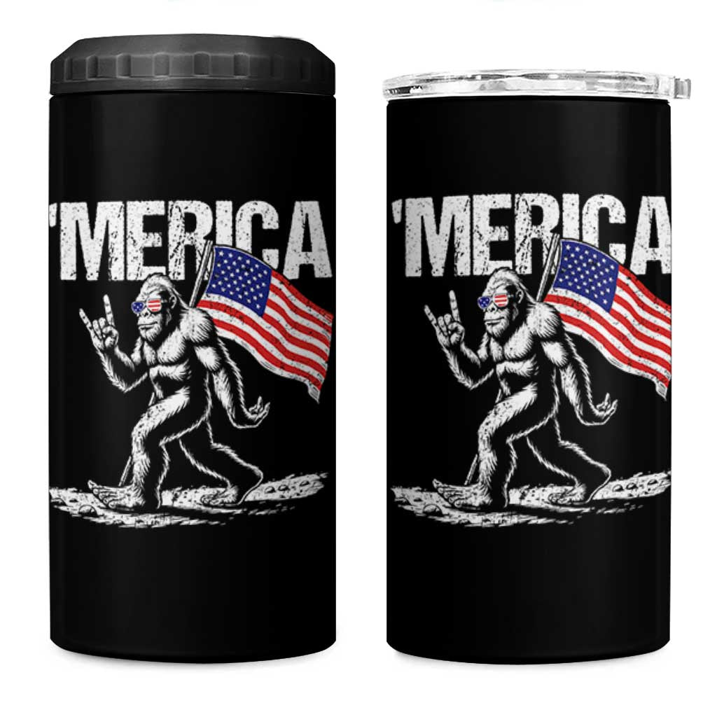 Funny 4th Of July Bigfoot Merica 4 in 1 Can Cooler Tumbler Patriotic Sasquatch American US Flag - Wonder Print Shop