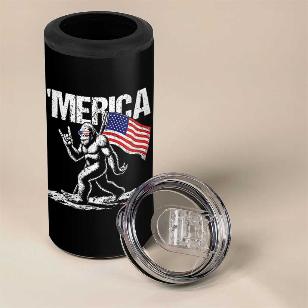 Funny 4th Of July Bigfoot Merica 4 in 1 Can Cooler Tumbler Patriotic Sasquatch American US Flag - Wonder Print Shop