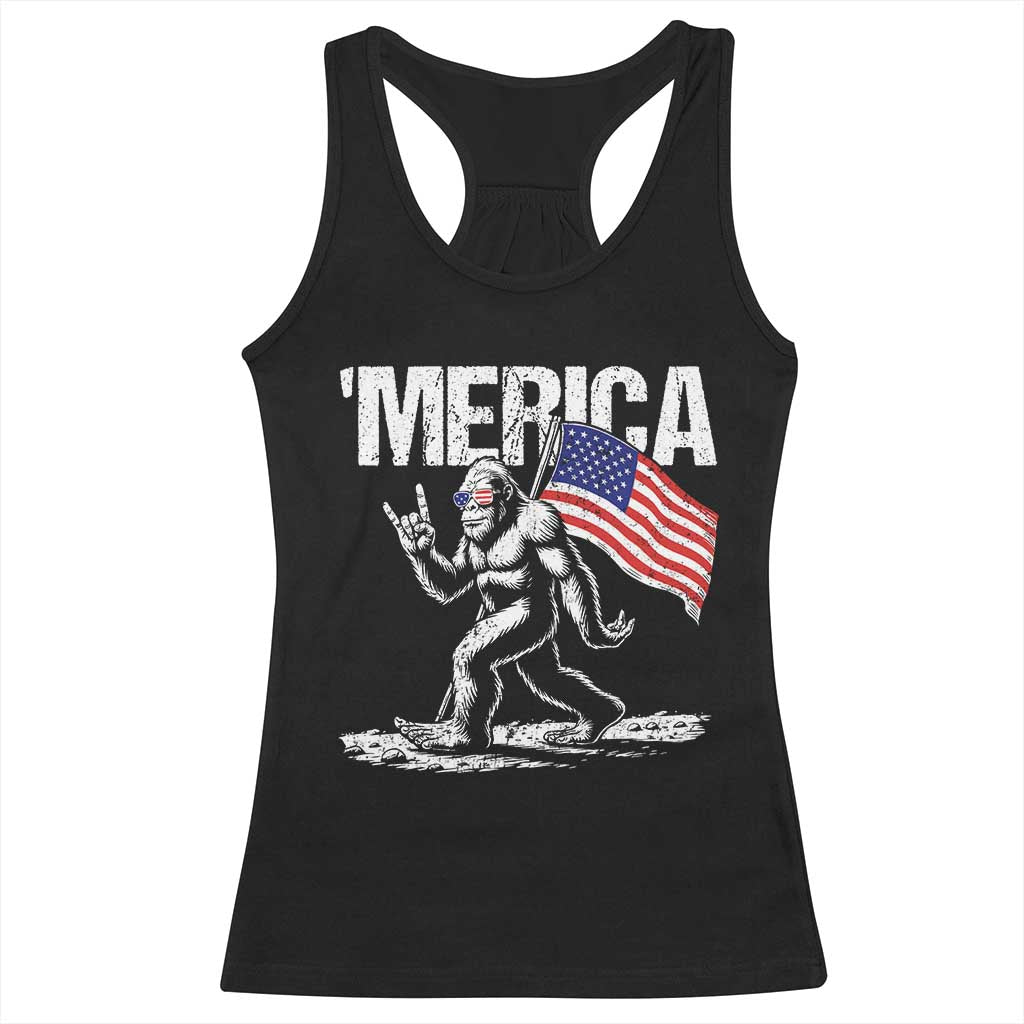 Funny 4th Of July Bigfoot Merica Racerback Tank Top Patriotic Sasquatch American US Flag - Wonder Print Shop