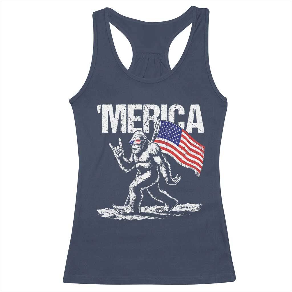 Funny 4th Of July Bigfoot Merica Racerback Tank Top Patriotic Sasquatch American US Flag - Wonder Print Shop