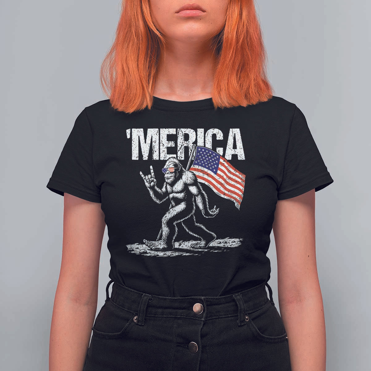 Funny 4th Of July Bigfoot Merica T Shirt For Women Patriotic Sasquatch American US Flag - Wonder Print Shop