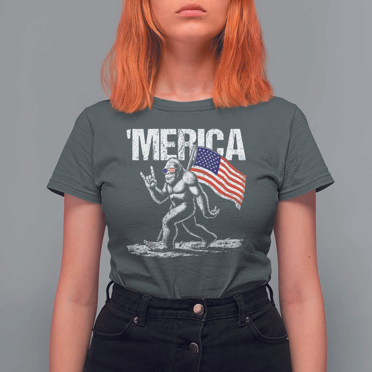 Funny 4th Of July Bigfoot Merica T Shirt For Women Patriotic Sasquatch American US Flag - Wonder Print Shop