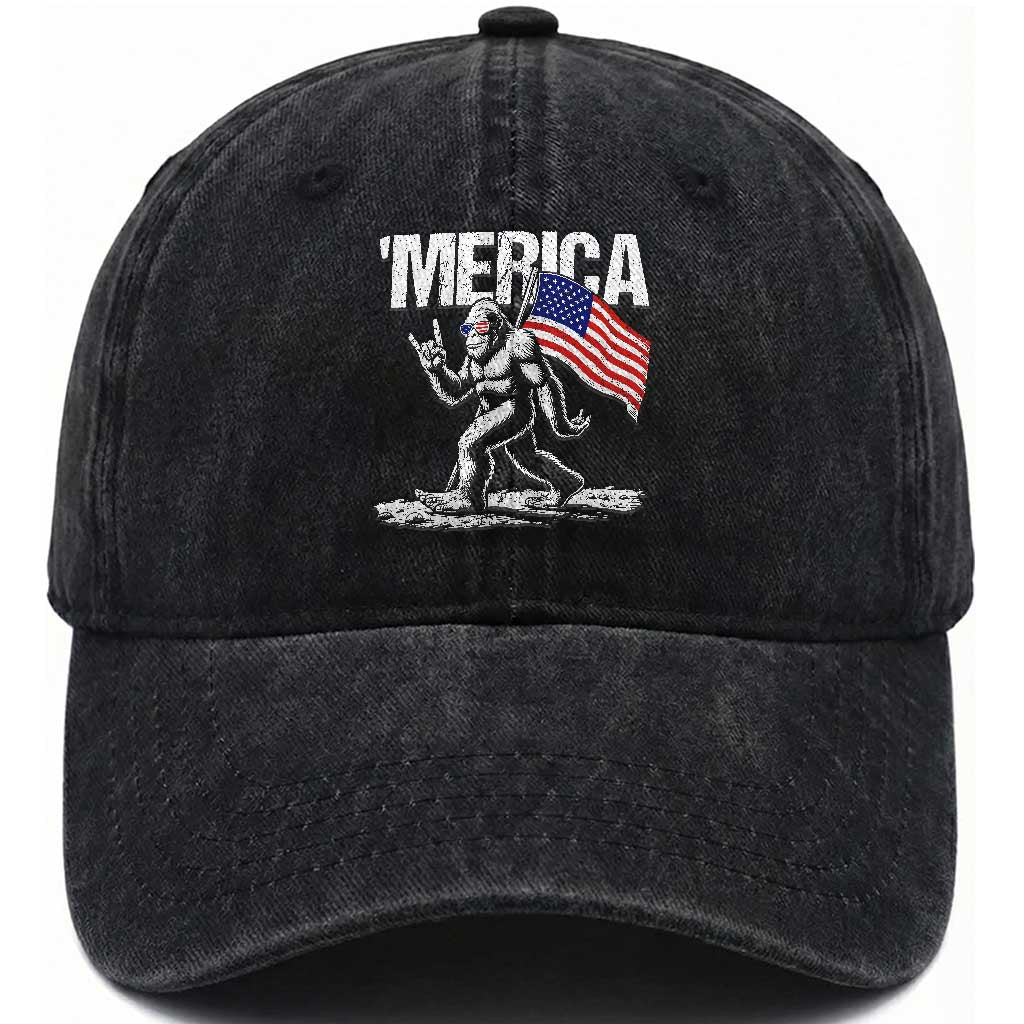 Funny 4th Of July Bigfoot Merica Washed Cotton Baseball Cap Patriotic Sasquatch American US Flag
