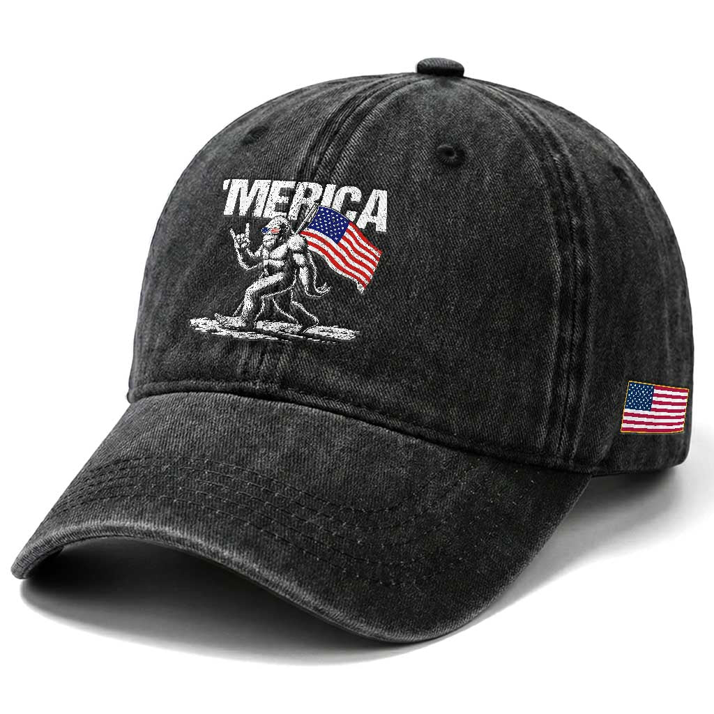 Funny 4th Of July Bigfoot Merica Washed Cotton Baseball Cap Patriotic Sasquatch American US Flag