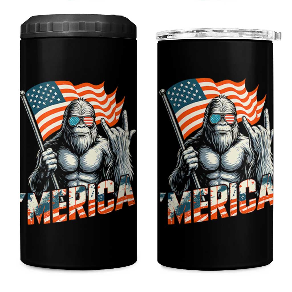 Funny Bigfoot Merica 4th Of July 4 in 1 Can Cooler Tumbler American Flag Patriotic Sasquatch - Wonder Print Shop