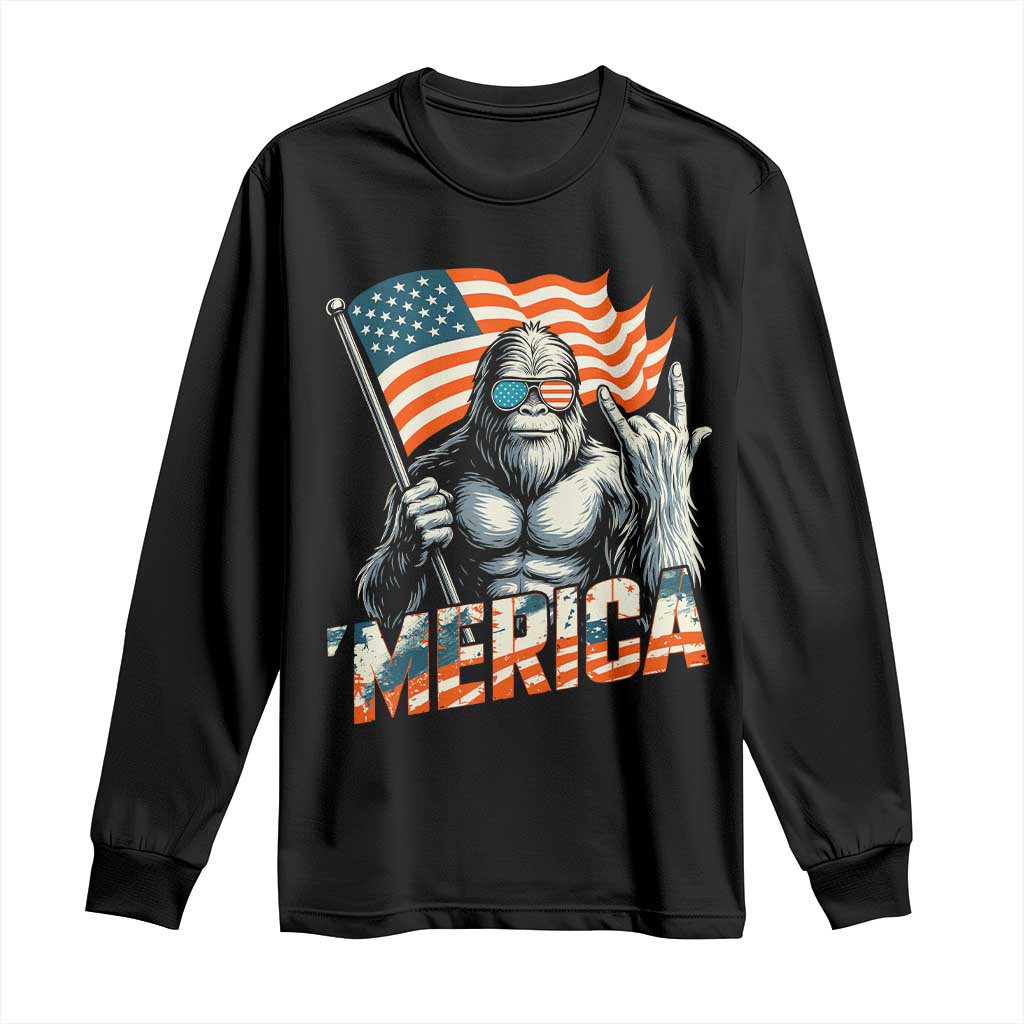 Funny Bigfoot Merica 4th Of July Long Sleeve Shirt American Flag Patriotic Sasquatch - Wonder Print Shop