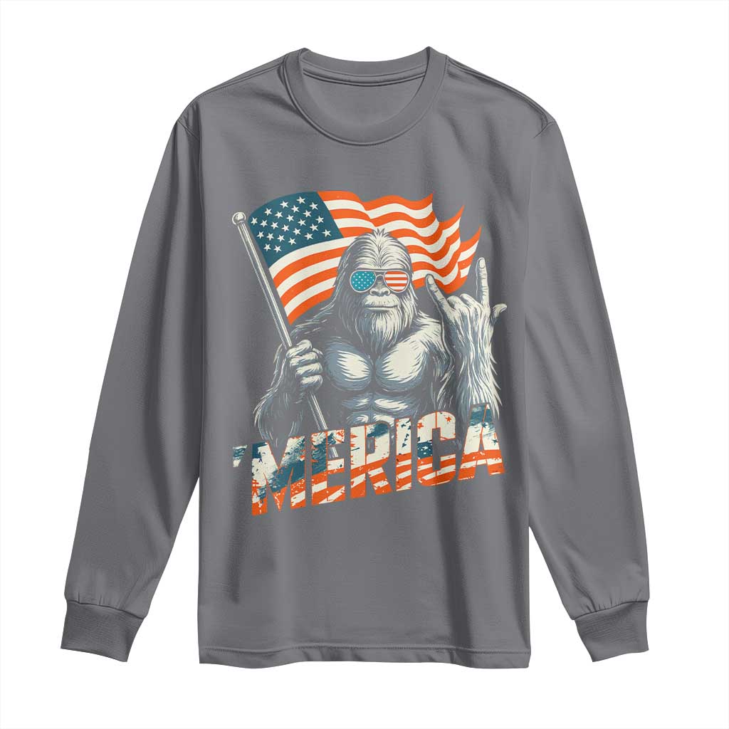 Funny Bigfoot Merica 4th Of July Long Sleeve Shirt American Flag Patriotic Sasquatch - Wonder Print Shop