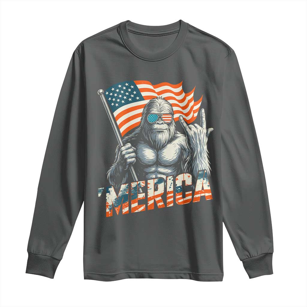 Funny Bigfoot Merica 4th Of July Long Sleeve Shirt American Flag Patriotic Sasquatch - Wonder Print Shop