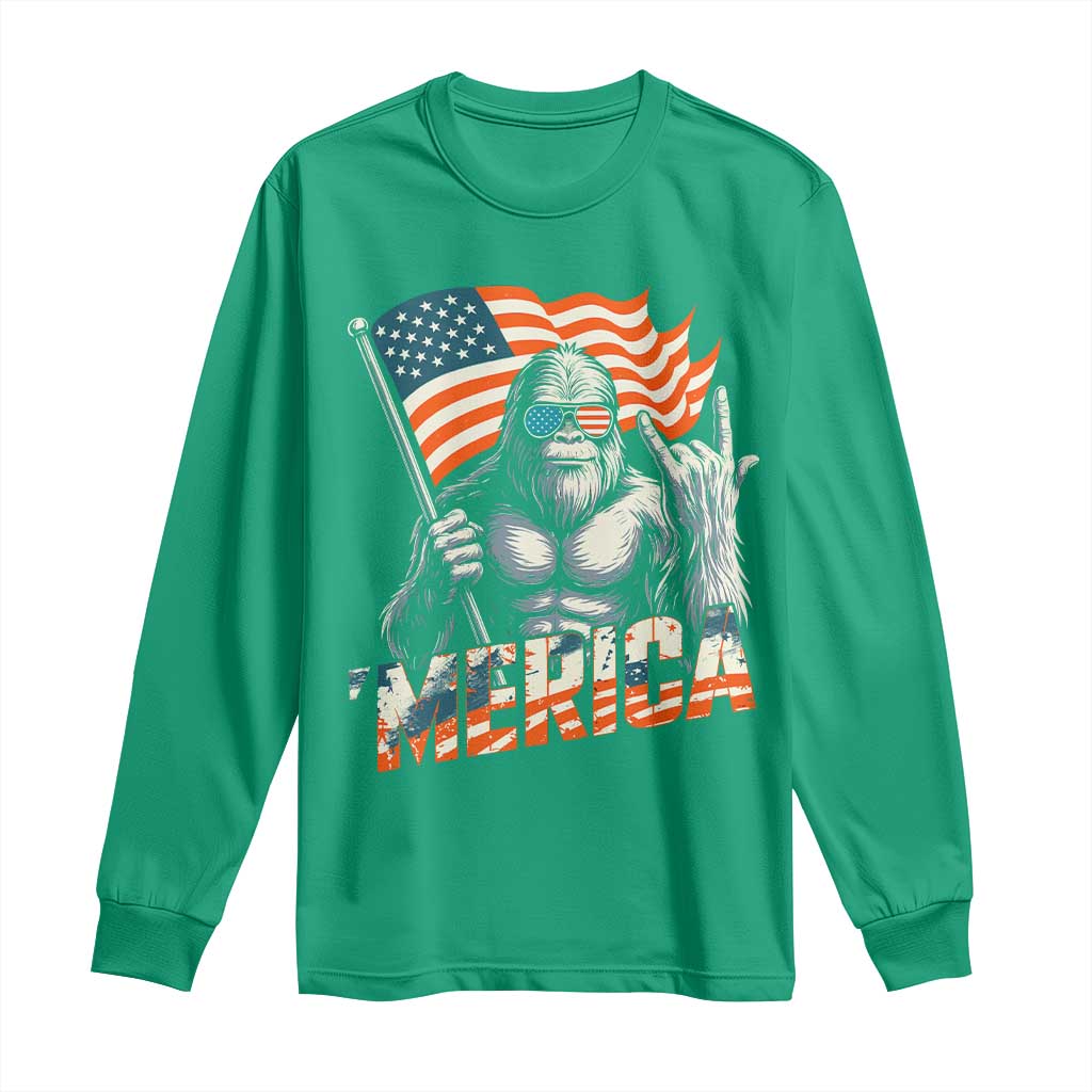 Funny Bigfoot Merica 4th Of July Long Sleeve Shirt American Flag Patriotic Sasquatch - Wonder Print Shop