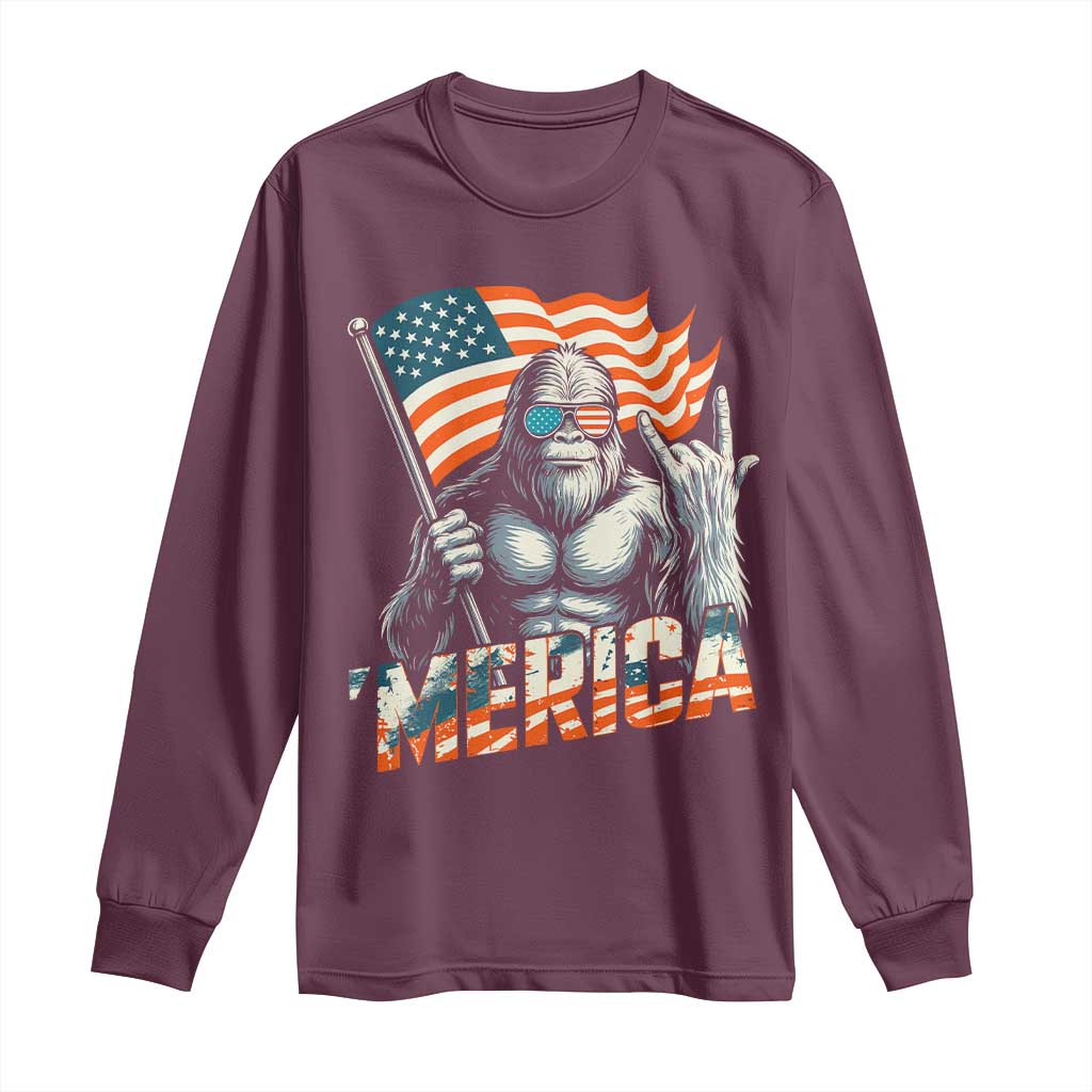 Funny Bigfoot Merica 4th Of July Long Sleeve Shirt American Flag Patriotic Sasquatch - Wonder Print Shop